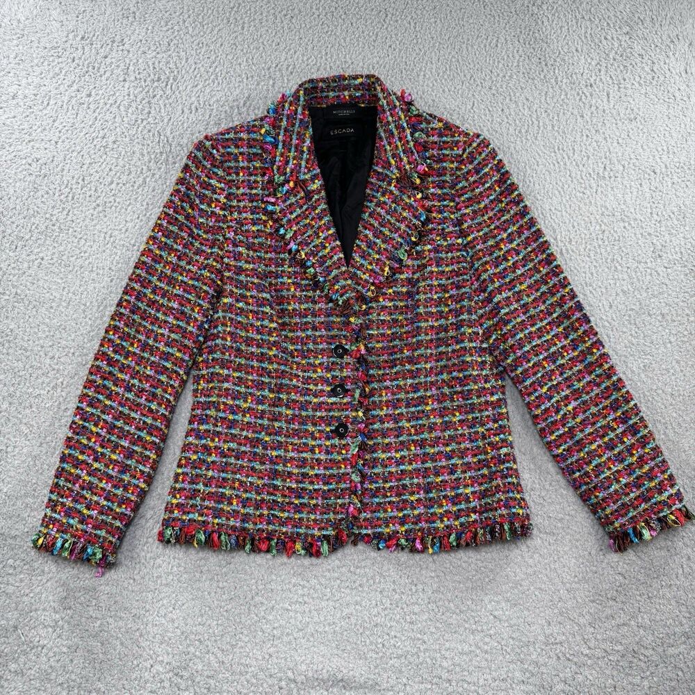Escada Pink Tweed Fringe Blazer Jacket Velvet Bow Y2K Business Size 42